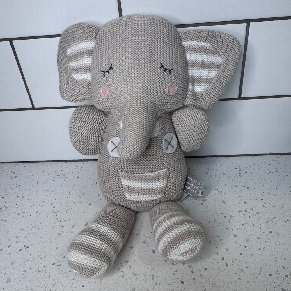 Living Textiles Theodore Elephant Grey Cream Striped Knitted Cotton Plush Toy
